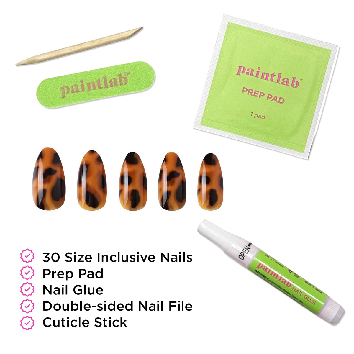 PaintLab kit contents including glue, file, and prep pad for complete application