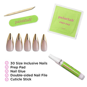 PaintLab kit tools including glue, file, prep pad, and cuticle stick for easy application