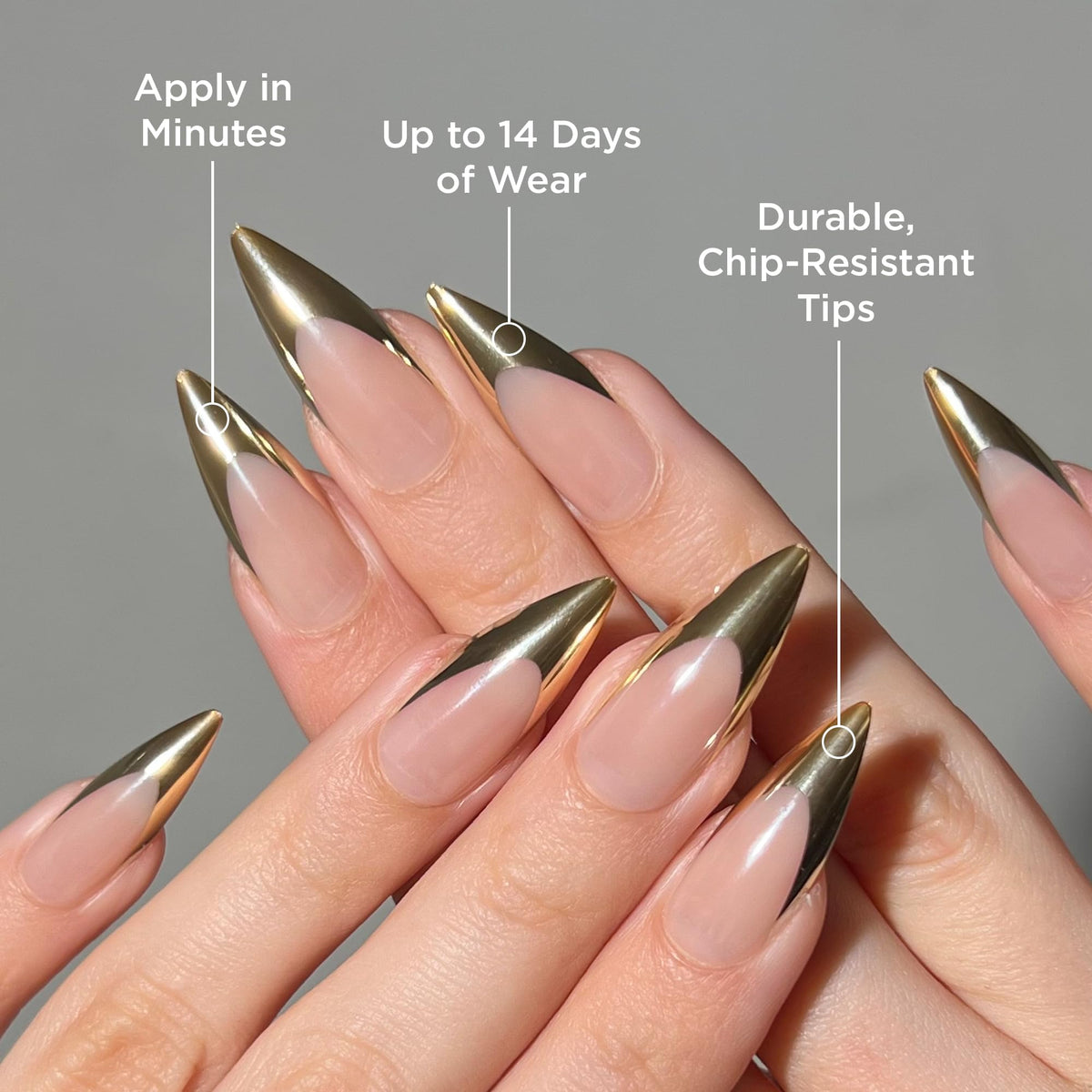 Close-up of PaintLab stiletto nails highlighting chrome shine and salon finish