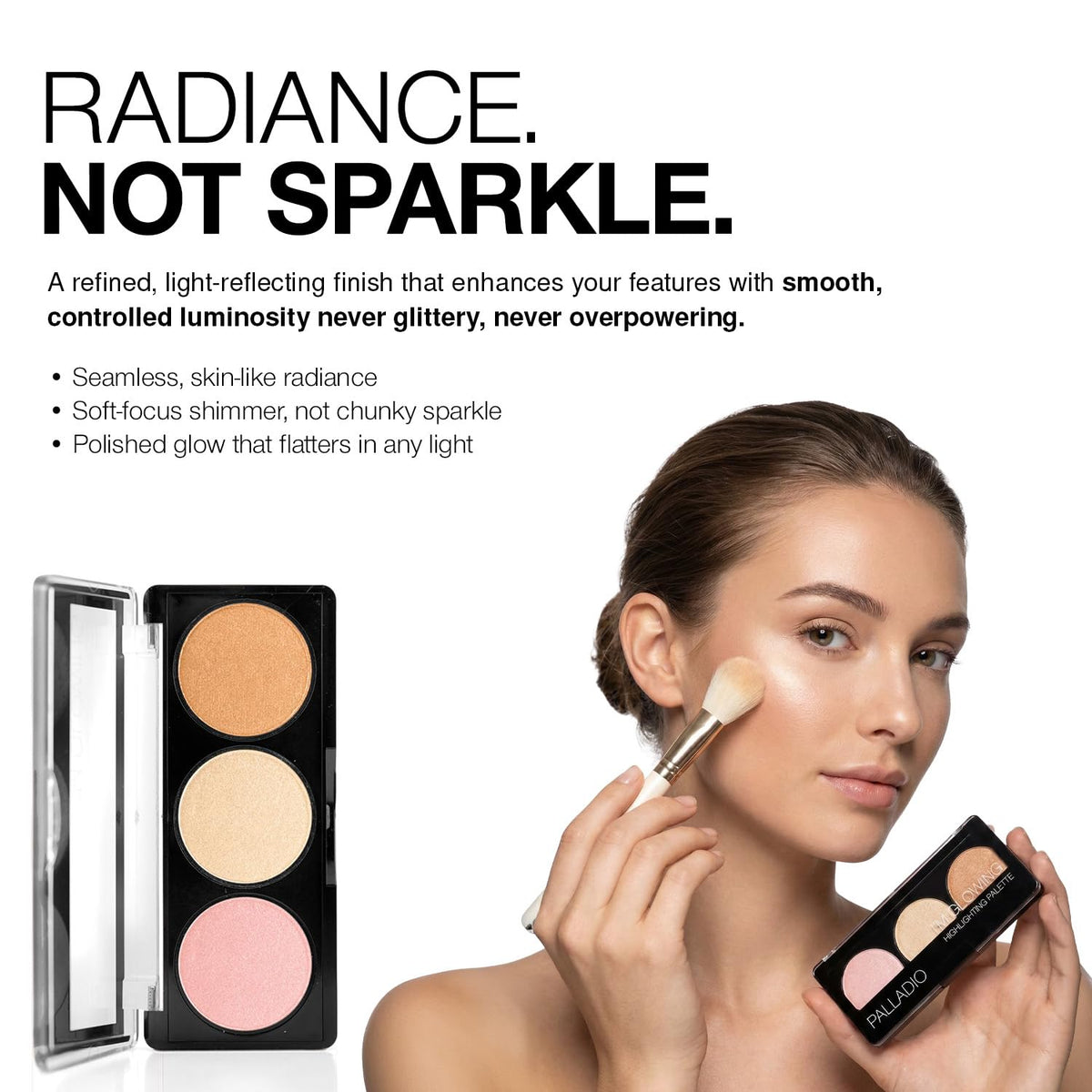 Palladio brush applying highlight to cheek for easy targeted luminous finish