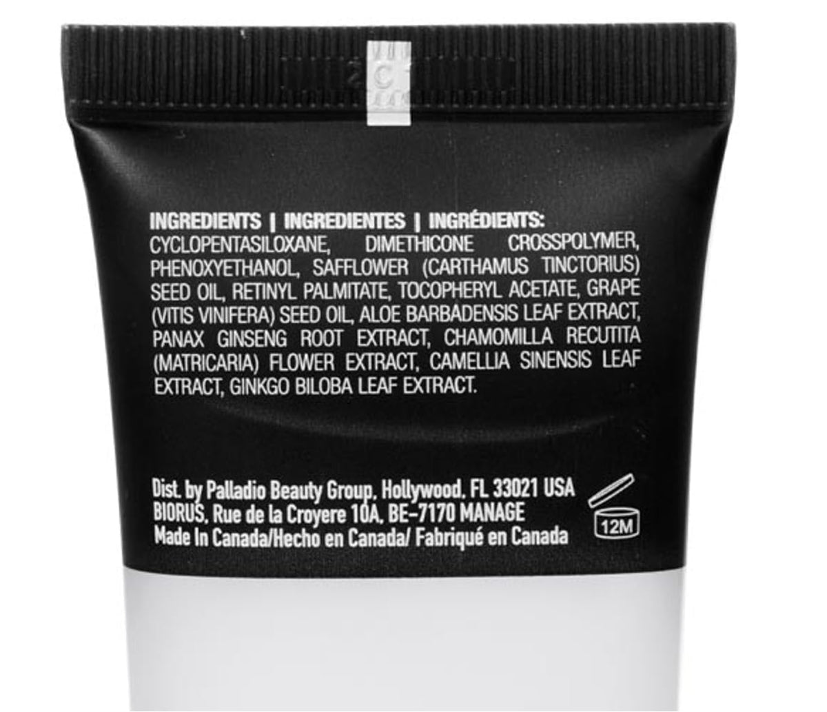Palladio primer inside makeup bag with cosmetics, perfect for on-the-go touchups