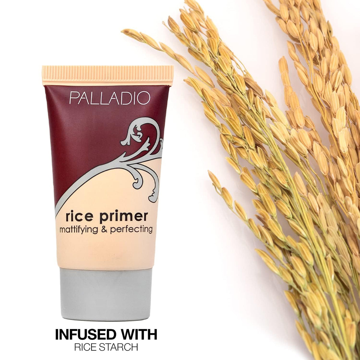 Palladio label close-up highlighting rice starch ingredients and clean beauty