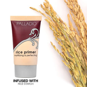 Palladio label close-up highlighting rice starch ingredients and clean beauty