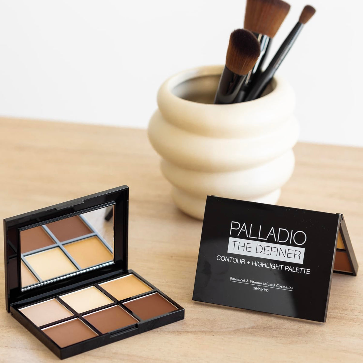 Palladio close-up of shade pans highlighting powder texture and blendability benefit