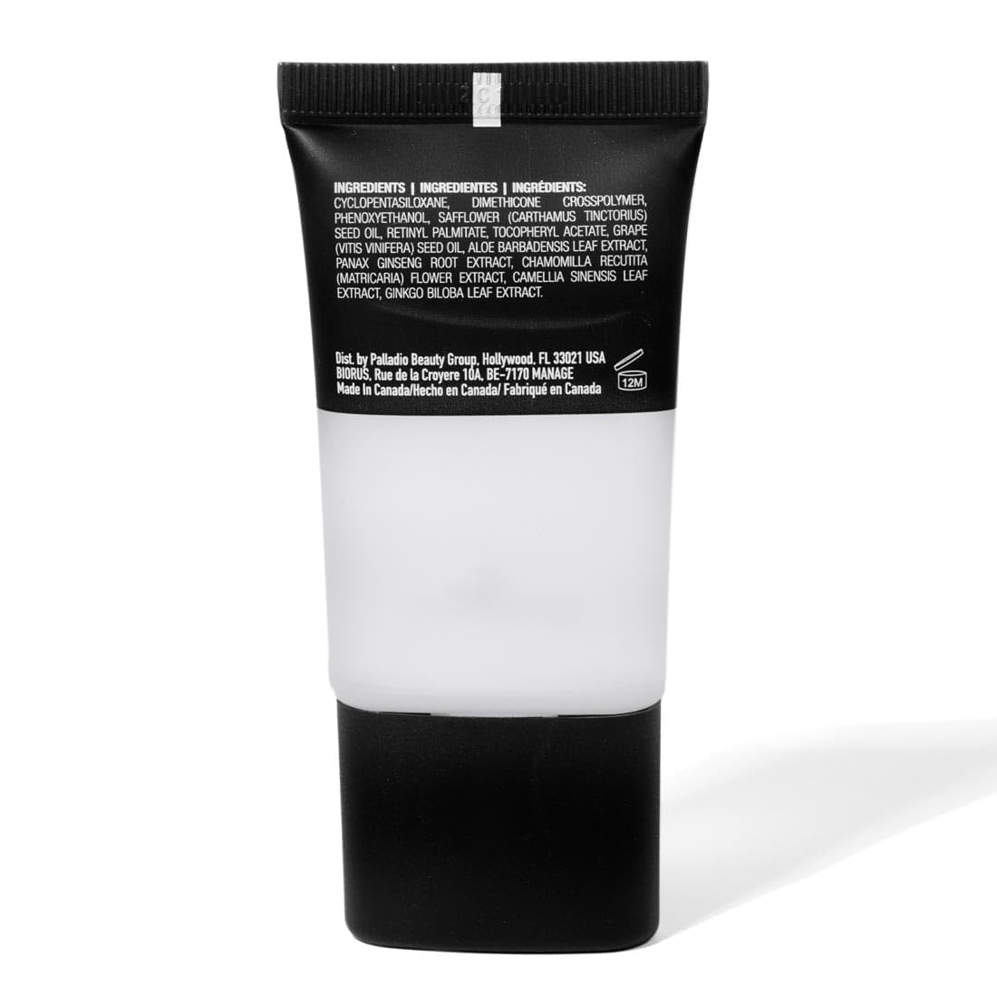 Palladio tube beside ruler for size comparison, emphasizes convenient 0.674 oz