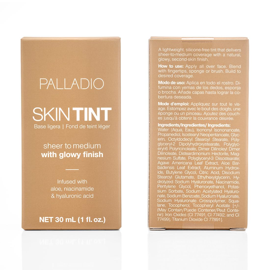 Before and after half-face image showing Palladio tint evening tone and providing subtle coverage