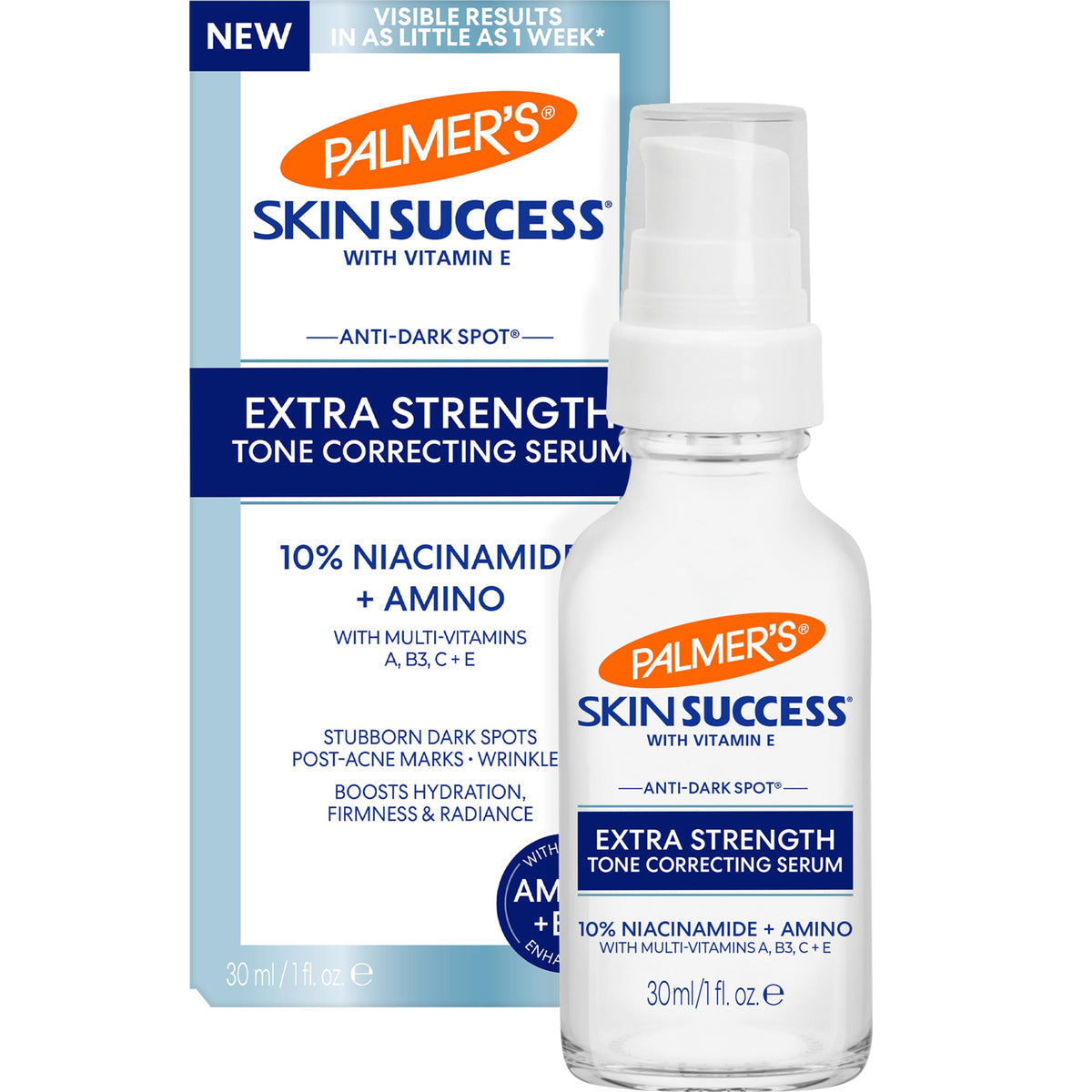 Palmer's serum front packaging showing bottle and label, highlighting clear benefits