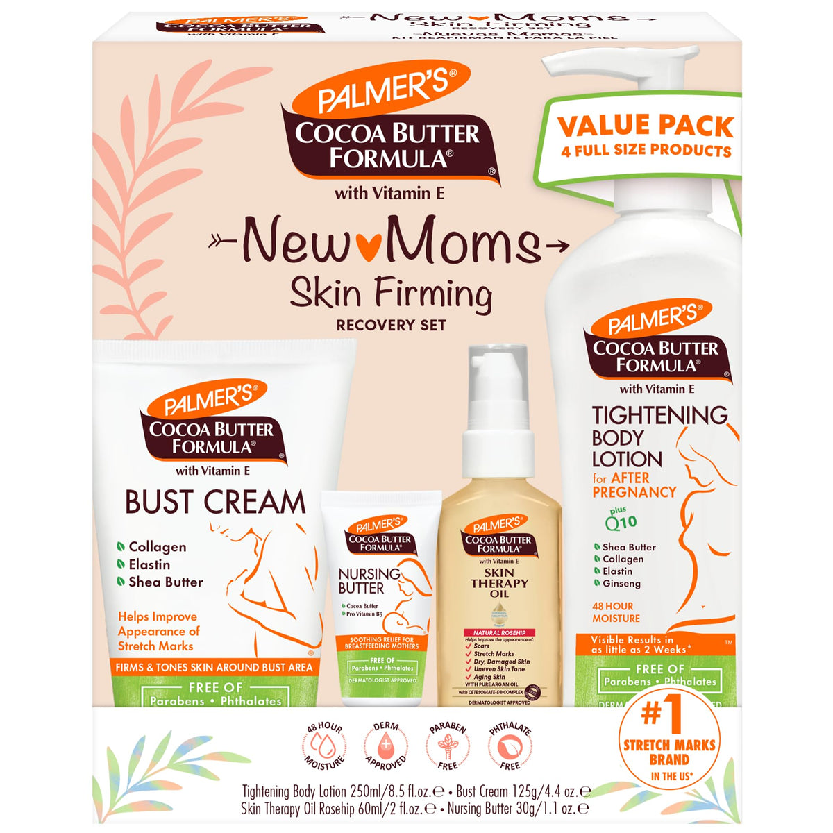 Palmer's set front packaging showing all four postpartum products and benefits