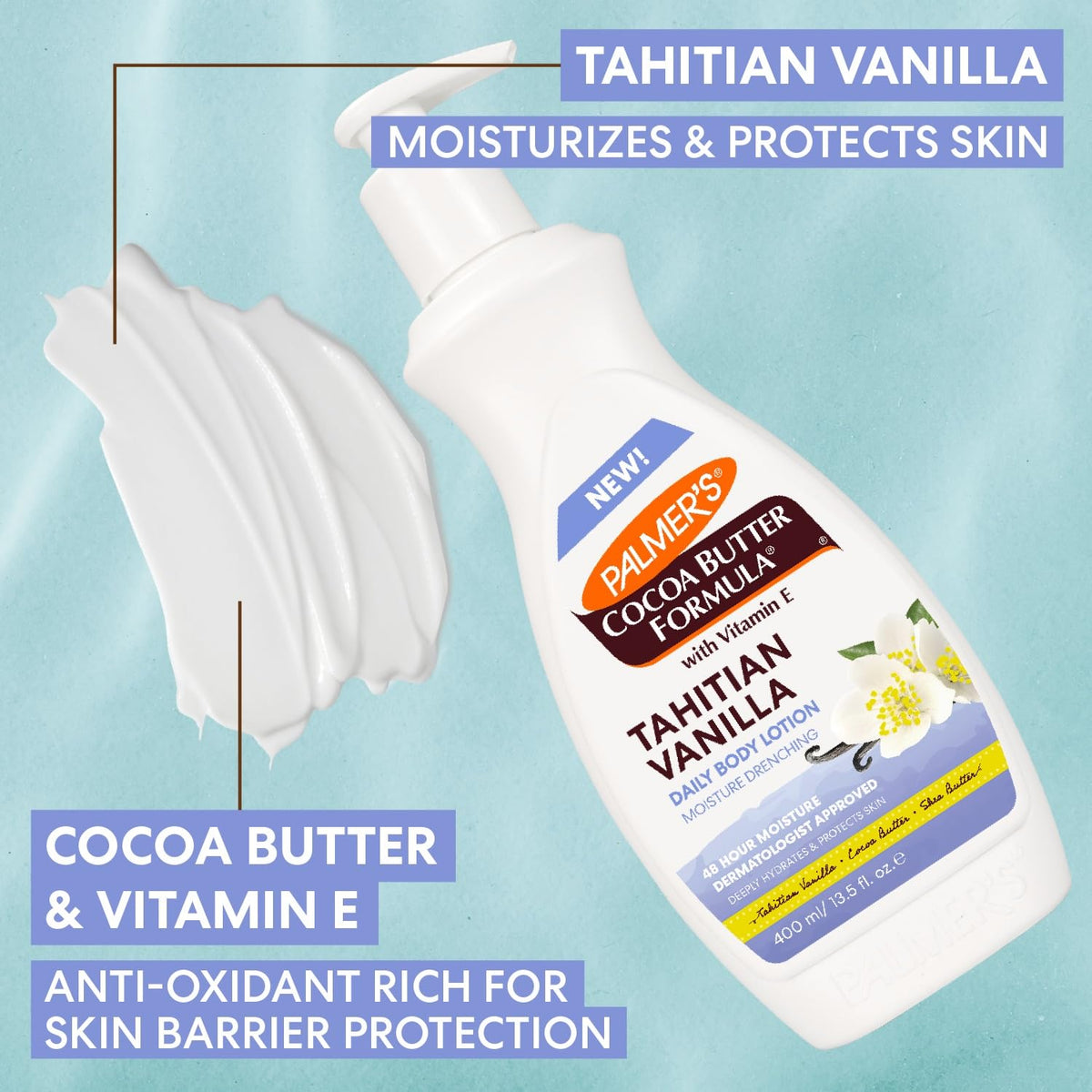 Palmer's vanilla and cocoa butter ingredients arranged to show natural sourcing
