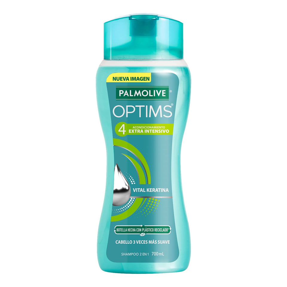 Palmolive Optims front packaging showing bottle label and volume benefit