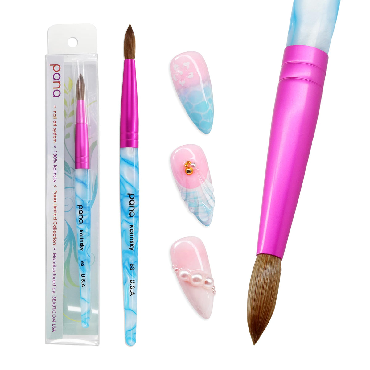 PANA handle close-up white swirl blue handle, ergonomic grip for control