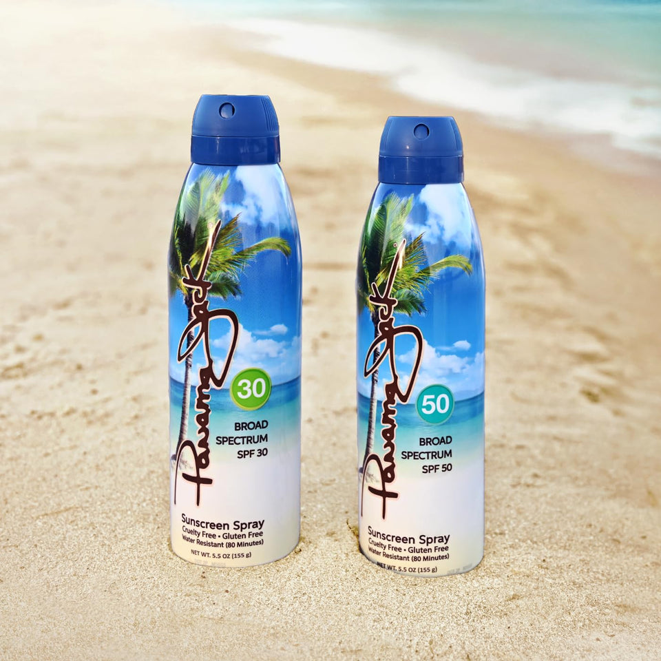 Panama Jack duo front packaging showing both SPF 30 and SPF 50 bottles and travel convenience