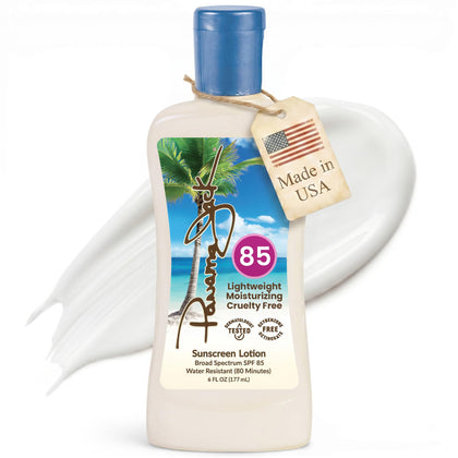 Panama Jack front packaging showing SPF 85 protection and easy grip