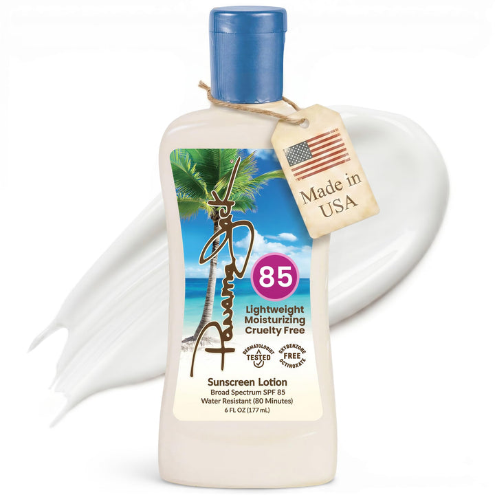 Panama Jack front packaging showing SPF 85 protection and easy grip