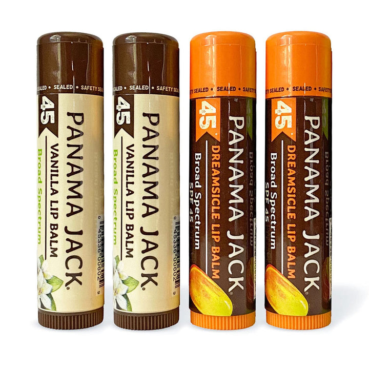 Panama Jack front packaging showing four-flavor SPF 45 pack and benefits