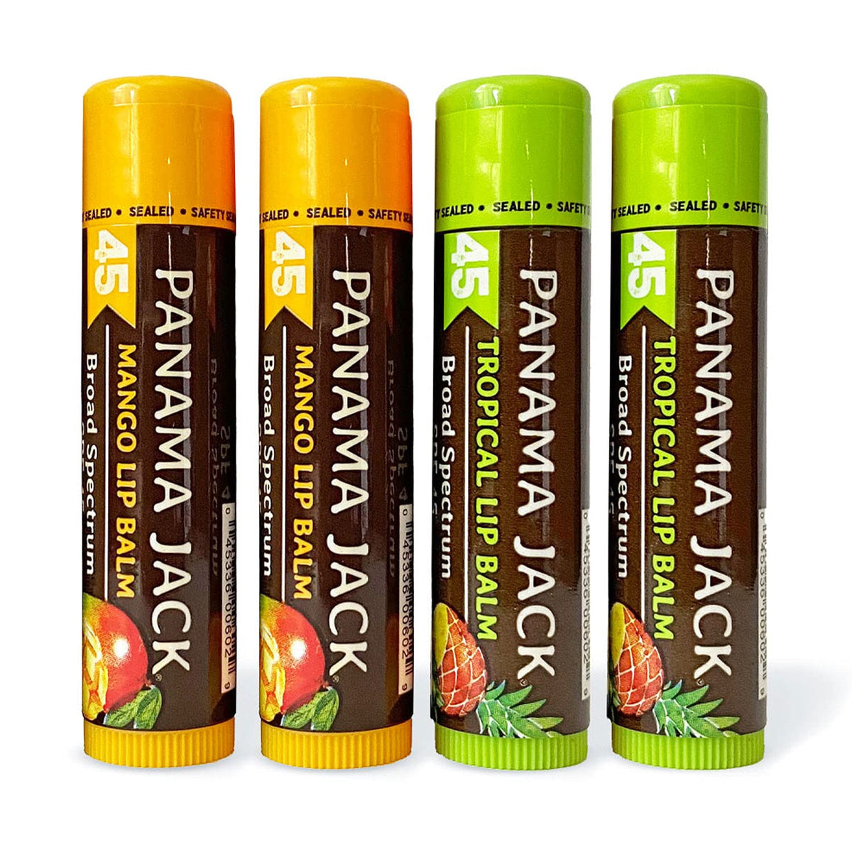 Panama Jack front packaging showing four flavored SPF 45 lip balms for protection
