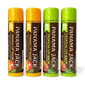 Panama Jack front packaging showing four flavored SPF 45 lip balms for protection