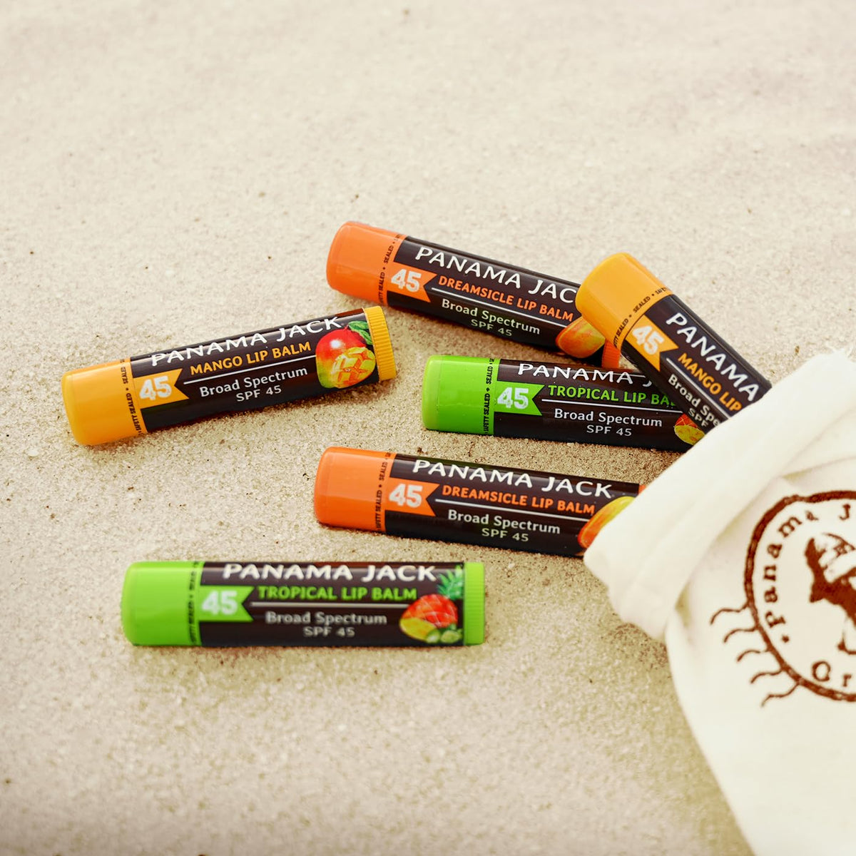 Panama Jack front packaging showing six lip balm sticks and benefits