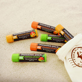 Panama Jack front packaging showing six lip balm sticks and benefits