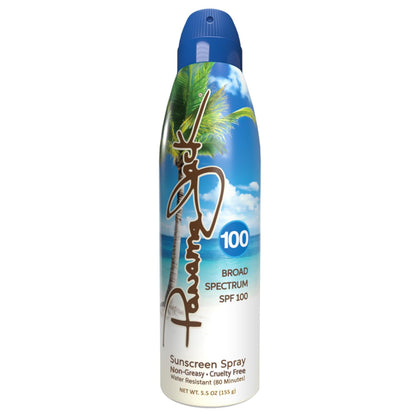 Panama Jack front packaging showing SPF 100 protection and easy-spray convenience