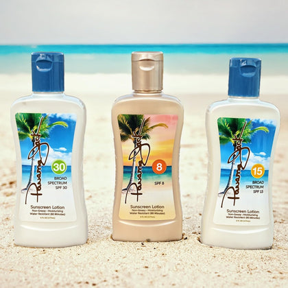 Panama Jack front pack showing three SPF lotions and travel convenience