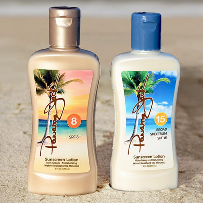 Panama Jack front packaging showing both SPF 8 and SPF 15 bottles and travel convenience