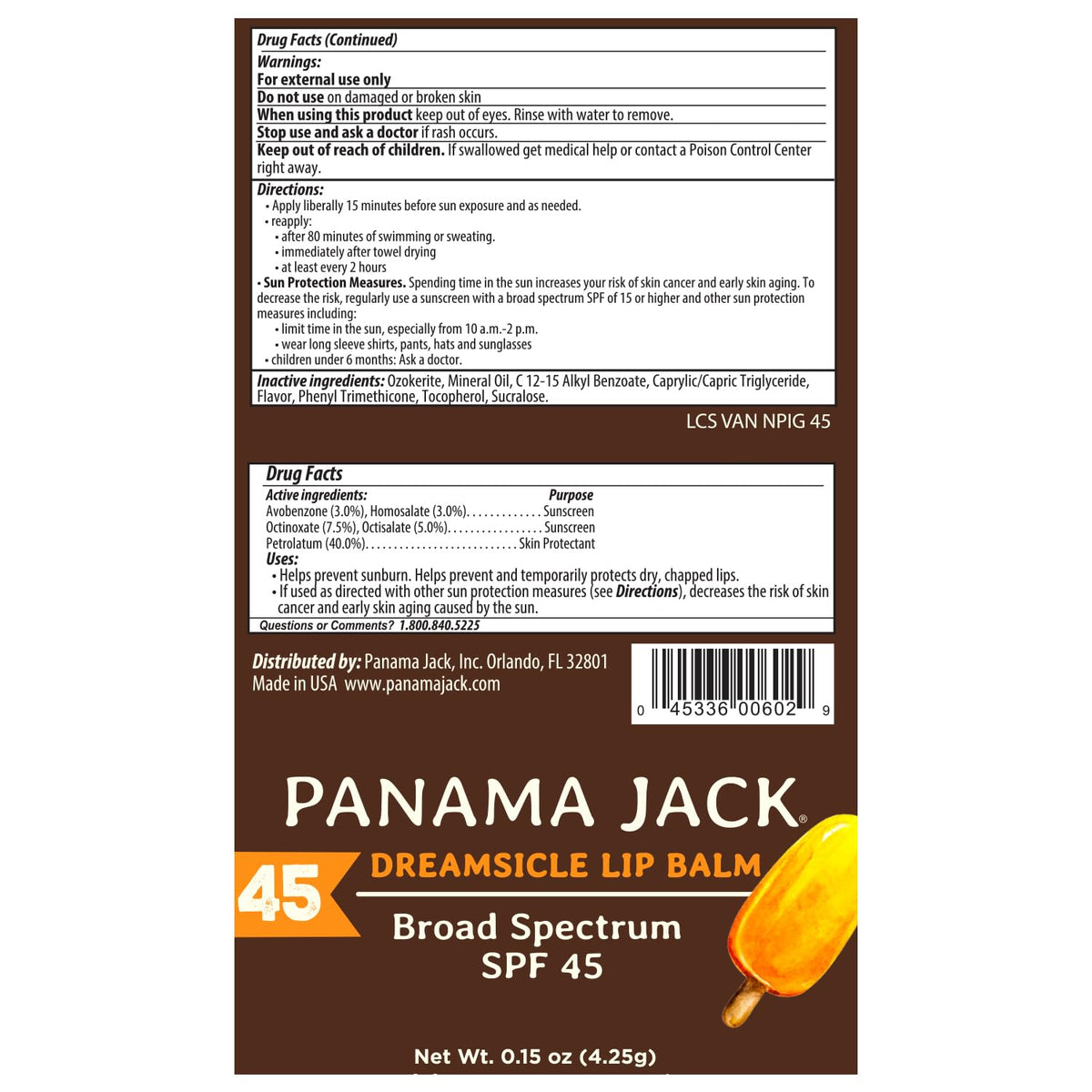 Panama Jack active-ingredients label showing SPF 45 protection details