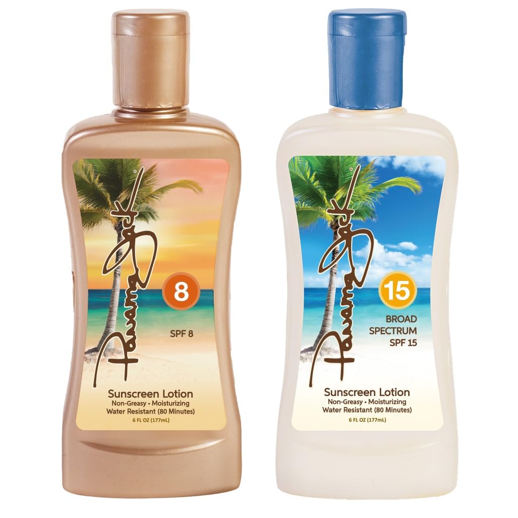 Panama Jack bottles beside travel essentials to show compact 6 fl oz size