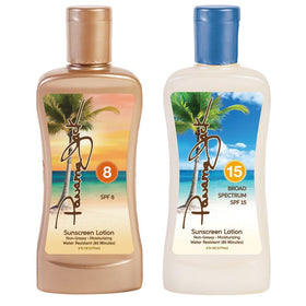 Panama Jack bottles beside travel essentials to show compact 6 fl oz size
