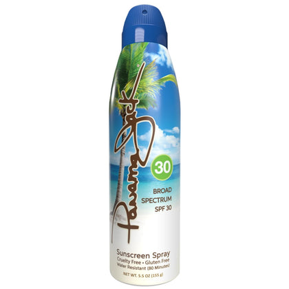 Panama Jack spray front packaging showing SPF 30 and size benefits