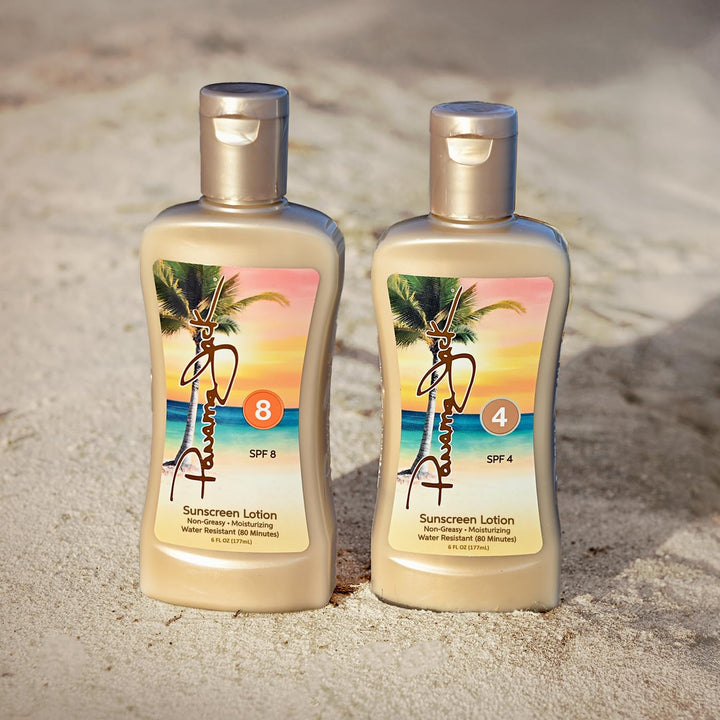 Panama Jack front packaging showing both SPF 4 and SPF 8 bottles for travel convenience