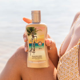 Panama Jack applied at poolside depicting water-resistant protection up to 80 minutes