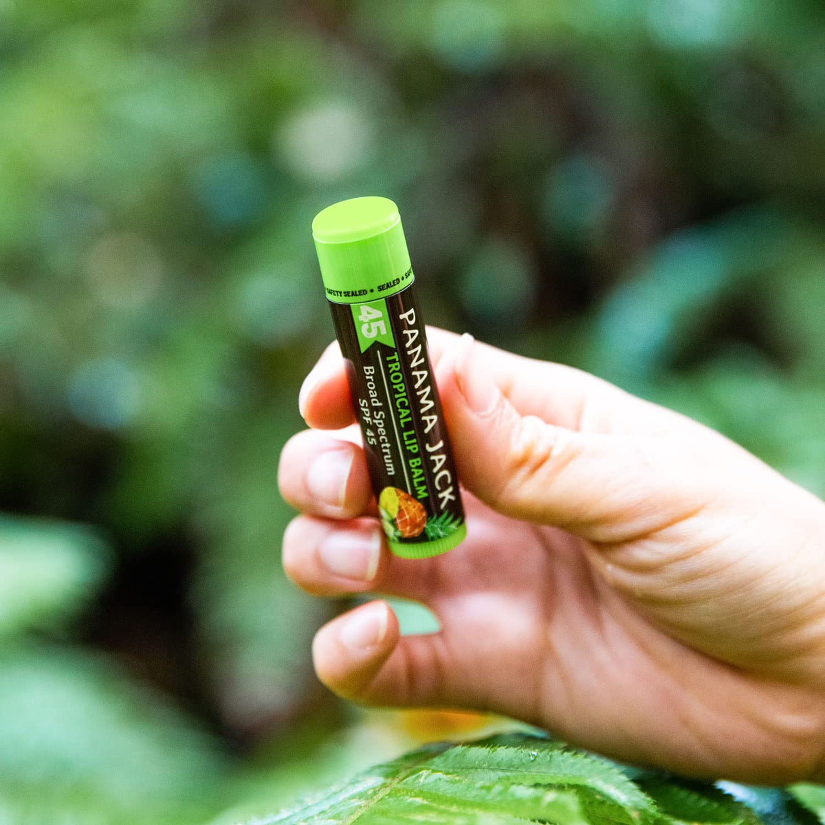 Panama Jack balm being applied to lips demonstrating even coverage benefit