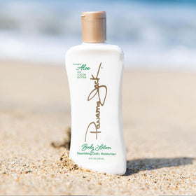 Panama Jack lotion texture close-up showing smooth, fast-absorbing formula