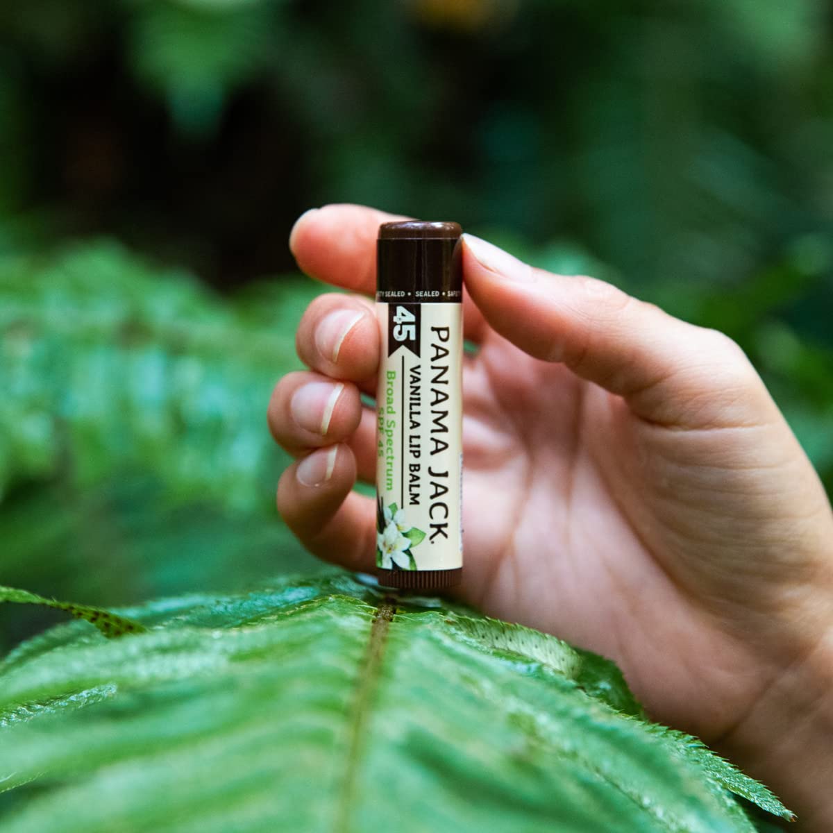 Panama Jack tropical label detail highlighting SPF 45 broad spectrum protection