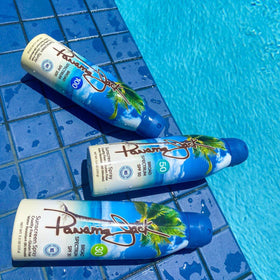 Panama Jack water-resistant test at a pool showing protection during swimming