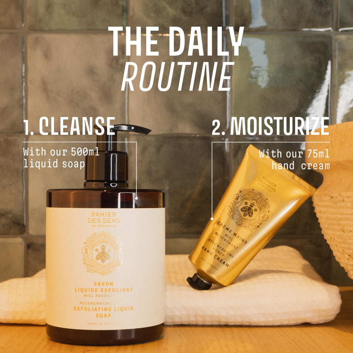 Panier des Sens bottle staged on bathroom sink, lifestyle scene conveys refined daily use