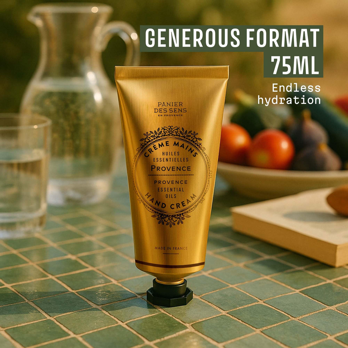 Panier des Sens tube held in hand to show size and easy portability benefit