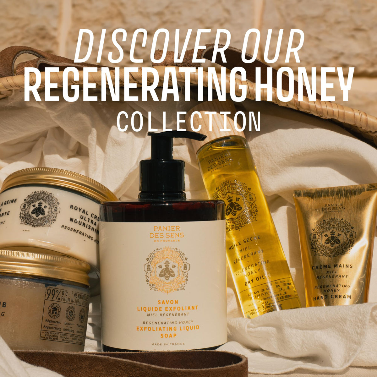 Panier des Sens honey and almond blossom still life, highlights fragrance notes and nourishment