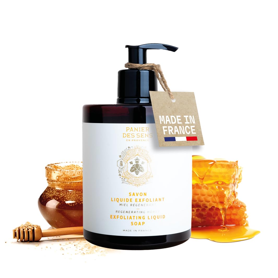 Panier des Sens front bottle showing honey exfoliating hand soap, elegant design benefits refillability