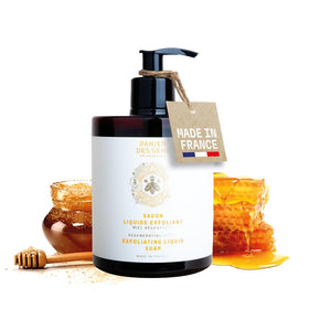 Panier des Sens front bottle showing honey exfoliating hand soap, elegant design benefits refillability