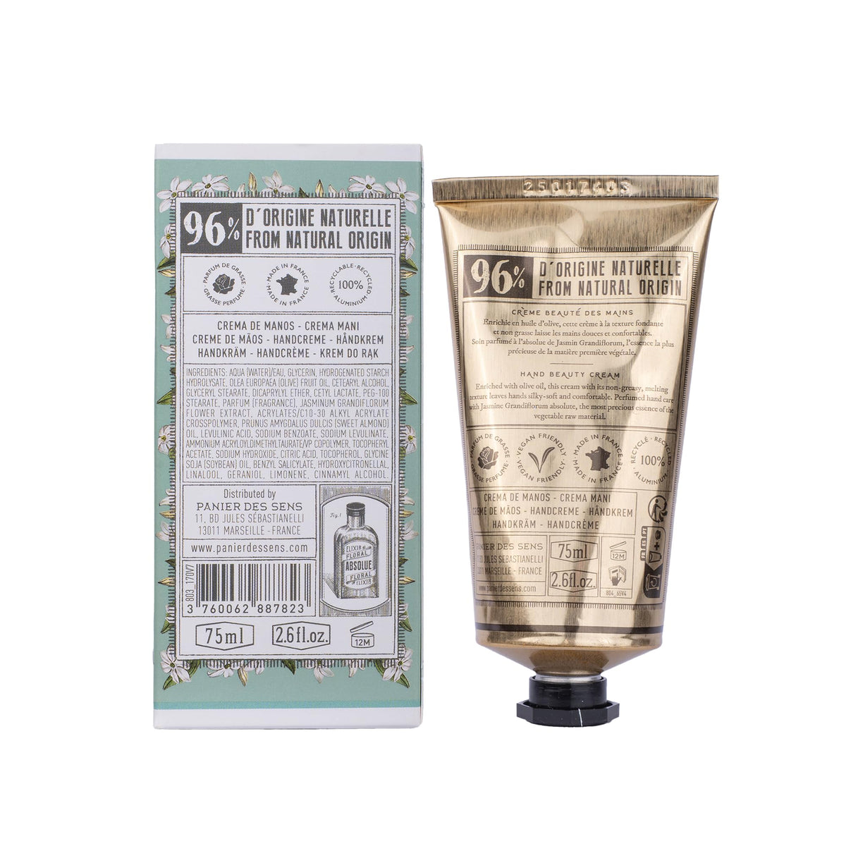 Panier des Sens jasmine hand cream styled on bathroom vanity, elegant care