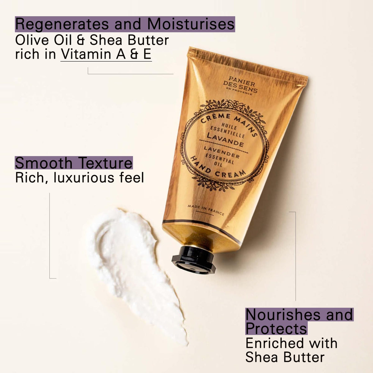 Panier des Sens cream being rubbed into hands, showing fast absorption and softness