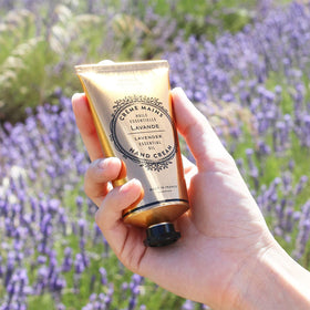 Panier des Sens on bathroom shelf in serene setting, suggesting daily calming hand care