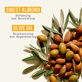 Panier des Sens olive and almond oils with ingredients illustrating nourishing benefits