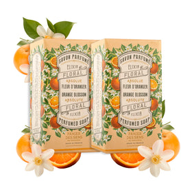 Panier des Sens front packaging showing two orange blossom soap bars and elegant box, luxurious gift