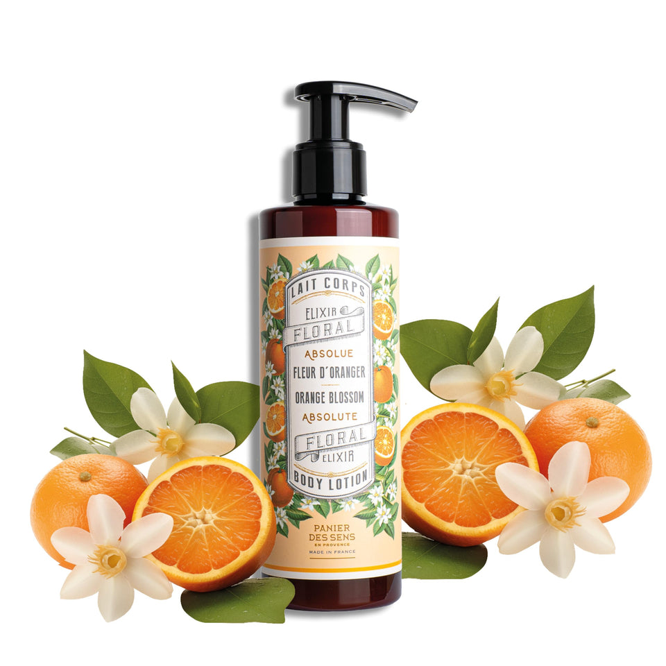 Panier des Sens front packaging showing bottle and orange blossom benefit