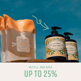 Panier des Sens refill pouch close-up illustrating easy-pour spout and waste reduction