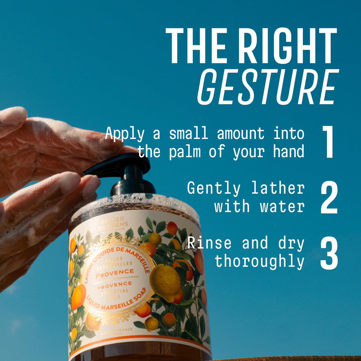 Panier des Sens bottle in hand illustrating 16.9 fl oz scale and practical size