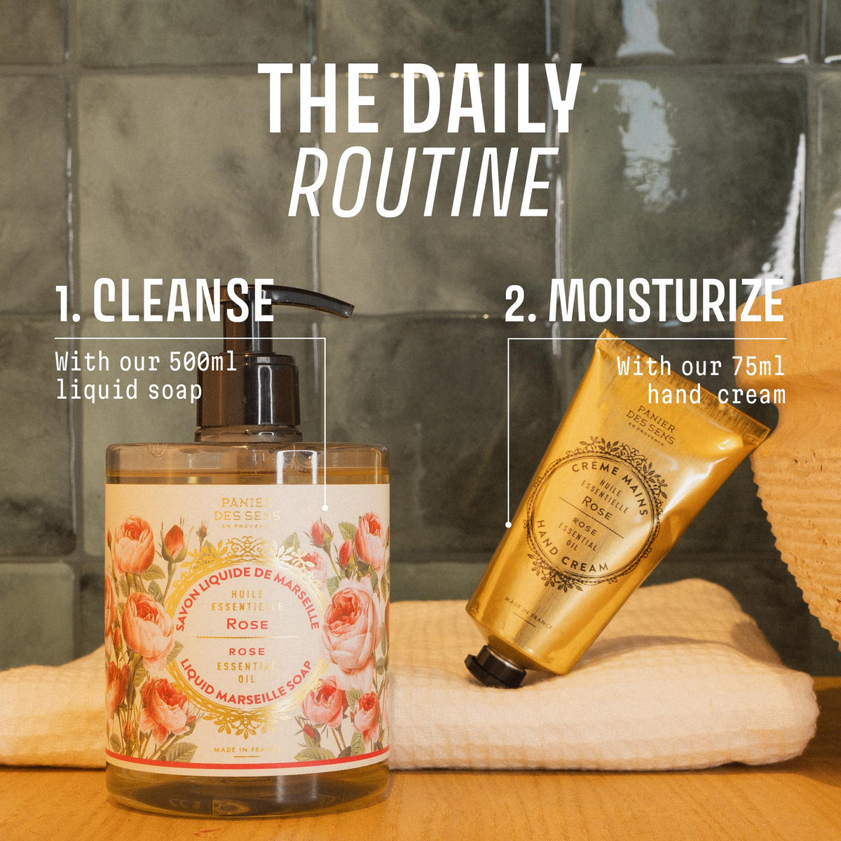 Panier des Sens bottle held in hand showing 16.9 fl oz scale and portability